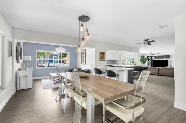 Dining room, Interior, Kitchen, Living room, Pendant Lights, Recessed Lighting, Wood Texture Flooring