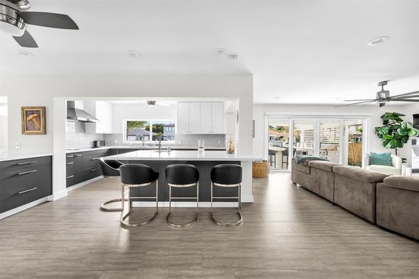 Interior, Kitchen, Living room, Recessed Lighting, Wood Texture Flooring