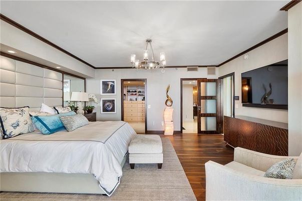 Bedroom, Chandelier, Interior, Recessed Lighting, Wood Texture Flooring