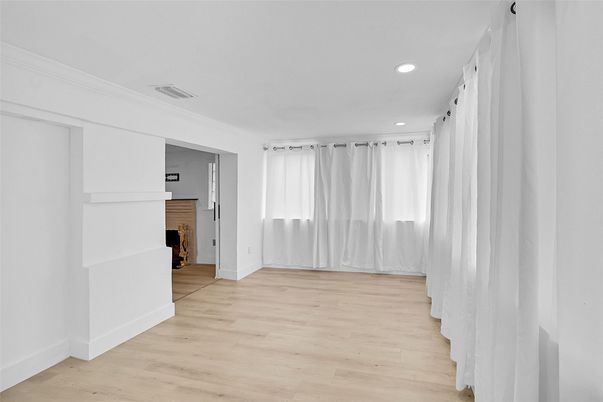 Empty room, Fireplace, Interior, Recessed Lighting, Wood Texture Flooring