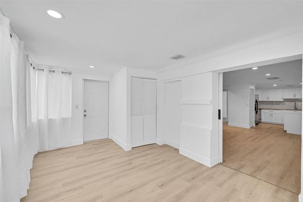 Empty room, Interior, Kitchen, Recessed Lighting, Wood Texture Flooring