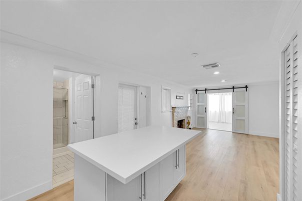 Empty room, Fireplace, Interior, Recessed Lighting, Wood Texture Flooring
