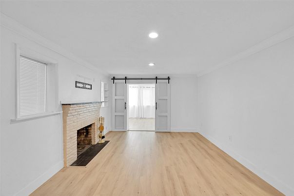 Empty room, Fireplace, Interior, Recessed Lighting, Wood Texture Flooring