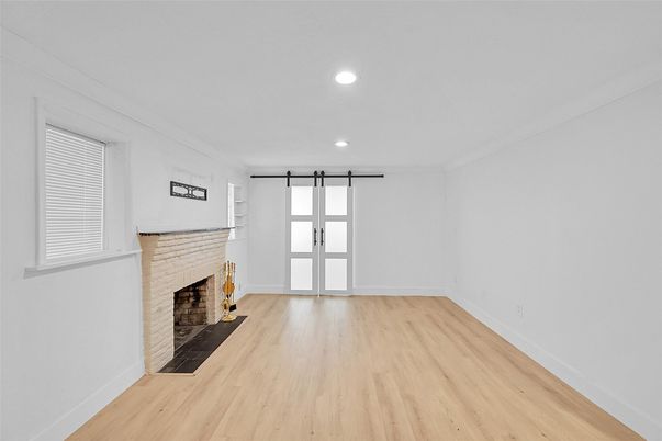 Empty room, Fireplace, Interior, Recessed Lighting, Wood Texture Flooring