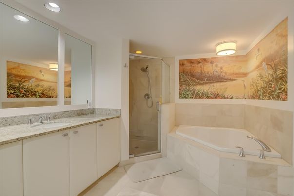 Bathroom, Glass Shower, Interior, Marble Walls, Recessed Lighting