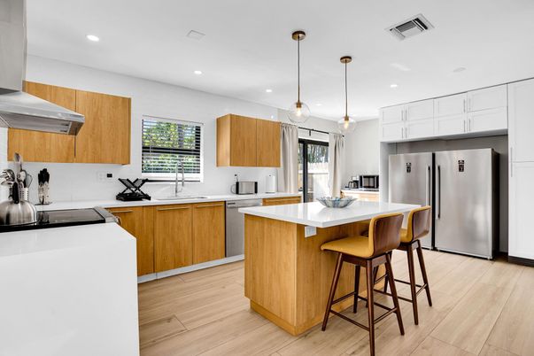 Interior, Kitchen, Pendant Lights, Recessed Lighting, Stainless Steel Appliances, Wood Texture Flooring