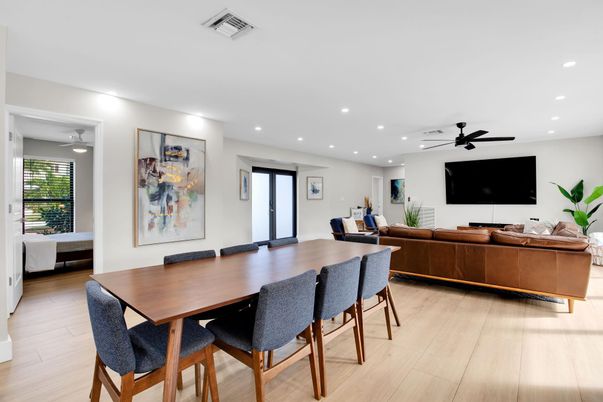 Dining room, Interior, Living room, Recessed Lighting, Wood Texture Flooring