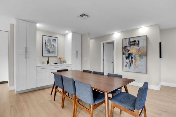 Dining room, Interior, Recessed Lighting, Wood Texture Flooring