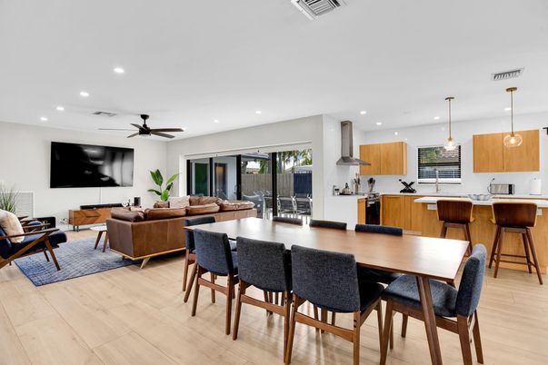 Dining room, Interior, Kitchen, Living room, Pendant Lights, Recessed Lighting, Wood Texture Flooring