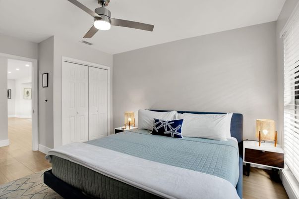 Bedroom, Interior, Recessed Lighting, Wood Texture Flooring