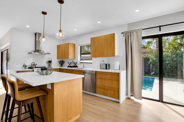 Interior, Kitchen, Pendant Lights, Recessed Lighting, Stainless Steel Appliances, Wood Texture Flooring