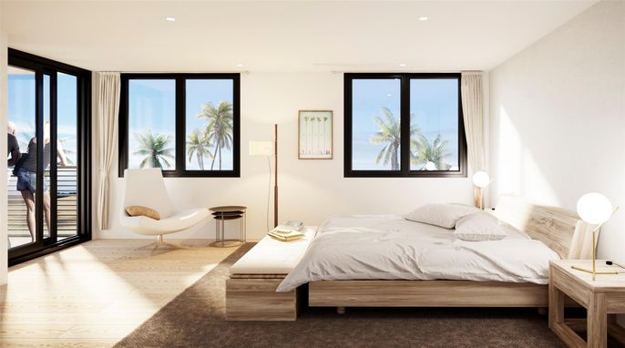 Bedroom, Interior, Recessed Lighting, Wood Texture Flooring