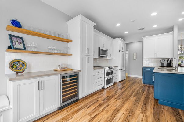 Interior, Kitchen, Recessed Lighting, Stainless Steel Appliances, Wood Texture Flooring