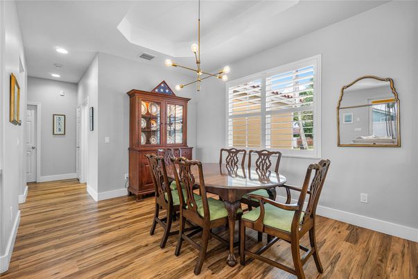 Dining room, Interior, Pendant Lights, Recessed Lighting, Wood Texture Flooring
