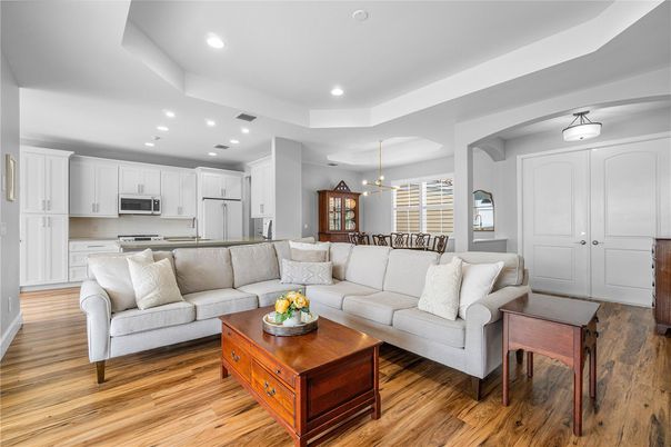 Dining room, Interior, Kitchen, Living room, Pendant Lights, Recessed Lighting, Stainless Steel Appliances, Wood Texture Flooring