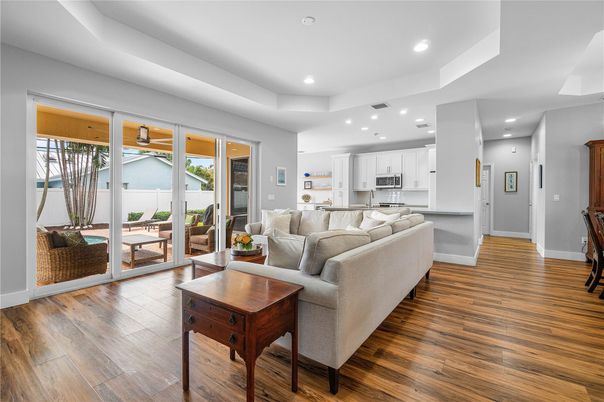 Interior, Kitchen, Living room, Recessed Lighting, Wood Texture Flooring
