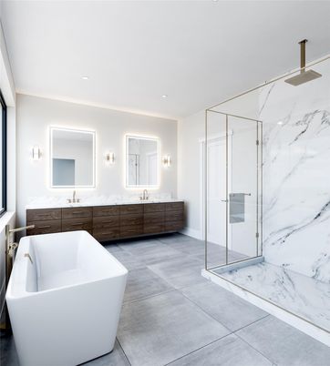 Bathroom, Dual Sink Vanities, Free Standing Baths, Glass Shower, Interior, Marble Walls, Recessed Lighting