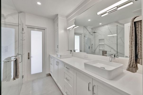 Bathroom, Dual Sink Vanities, Glass Shower, Interior, Marble Walls, Recessed Lighting