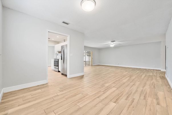 Empty room, Interior, Kitchen, Recessed Lighting, Wood Texture Flooring