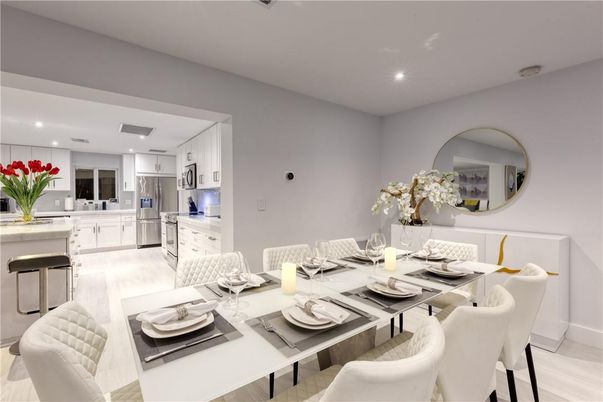 Dining room, Interior, Kitchen, Recessed Lighting, Stainless Steel Appliances, Wood Texture Flooring