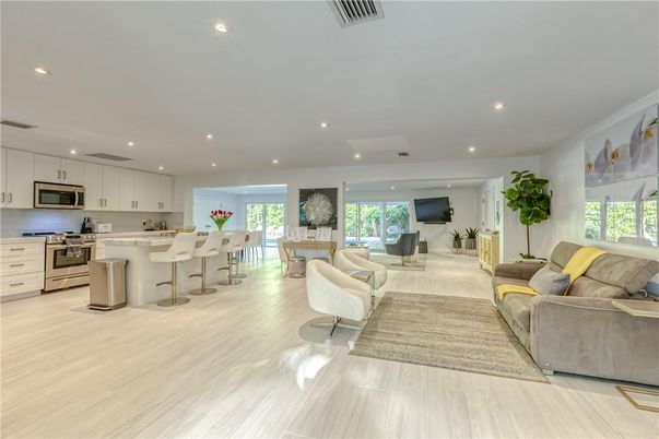 Interior, Kitchen, Living room, Recessed Lighting, Stainless Steel Appliances, Wood Texture Flooring