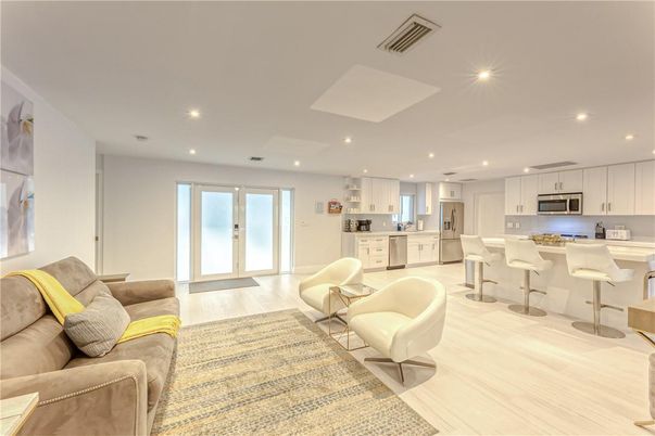 Interior, Kitchen, Living room, Recessed Lighting, Stainless Steel Appliances, Wood Texture Flooring
