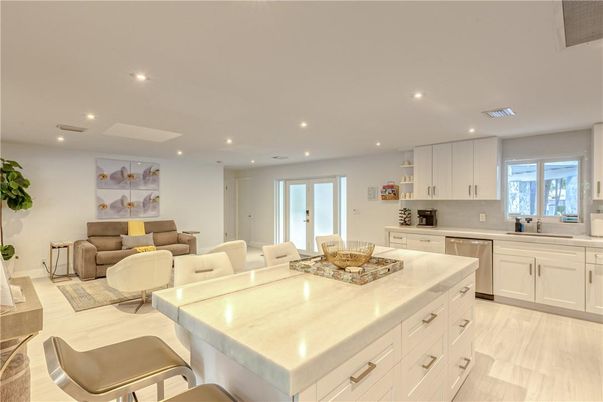 Interior, Kitchen, Living room, Recessed Lighting, Stainless Steel Appliances, Wood Texture Flooring