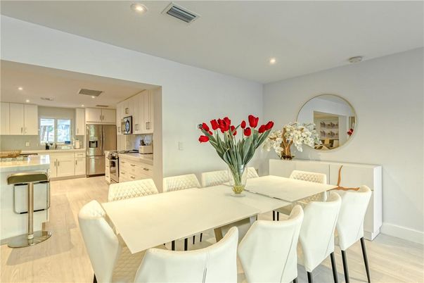 Dining room, Interior, Kitchen, Recessed Lighting, Stainless Steel Appliances, Wood Texture Flooring