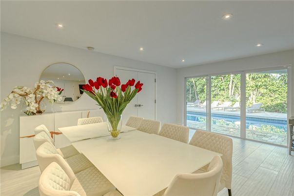 Dining room, Interior, Recessed Lighting, Wood Texture Flooring