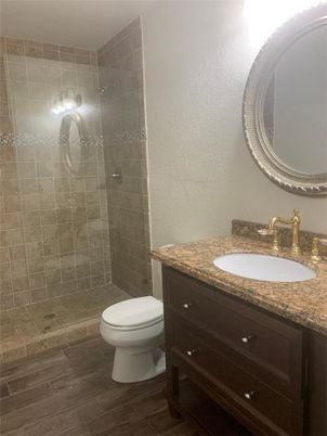 Bathroom, Glass Shower, Interior, Wood Texture Flooring
