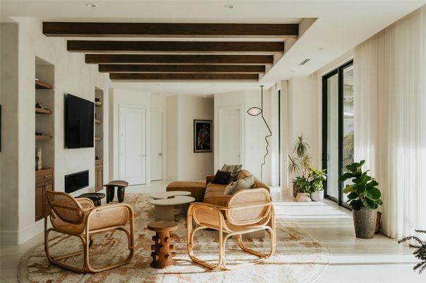 Interior, Living room, Recessed Lighting, Wooden Beams