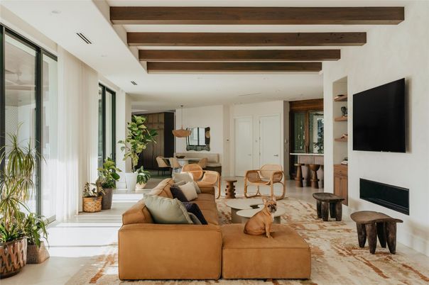Fireplace, Interior, Living room, Recessed Lighting, Wooden Beams