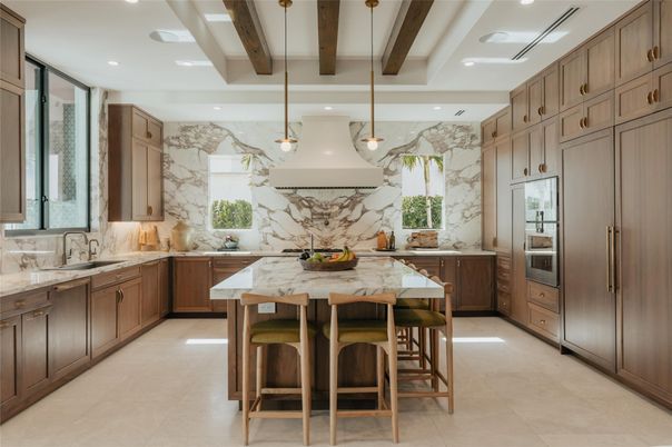 Interior, Kitchen, Marble Walls, Pendant Lights, Recessed Lighting, Wooden Beams