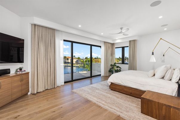 Bedroom, Interior, Recessed Lighting, Water, Wood Texture Flooring