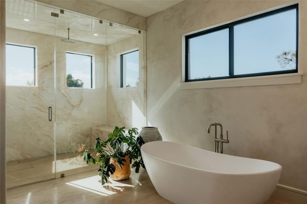 Bathroom, Free Standing Baths, Glass Shower, Interior, Marble Walls, Recessed Lighting
