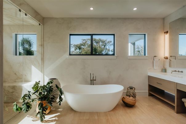 Bathroom, Dual Sink Vanities, Free Standing Baths, Glass Shower, Interior, Recessed Lighting, Wood Texture Flooring