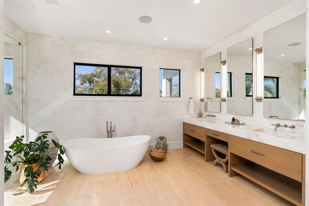 Bathroom, Dual Sink Vanities, Free Standing Baths, Glass Shower, Interior, Recessed Lighting, Wood Texture Flooring