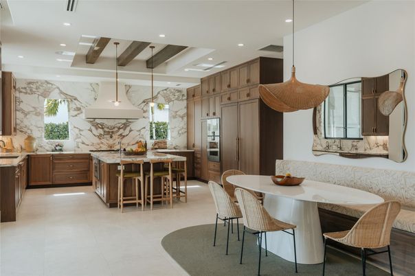 Dining room, Interior, Kitchen, Marble Walls, Pendant Lights, Recessed Lighting, Stainless Steel Appliances