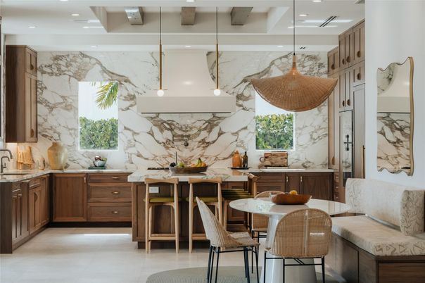 Interior, Kitchen, Marble Walls, Pendant Lights, Recessed Lighting