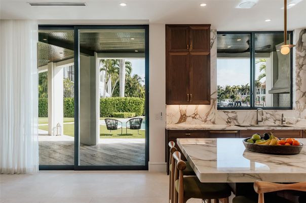 Interior, Kitchen, Marble Walls, Pendant Lights, Recessed Lighting