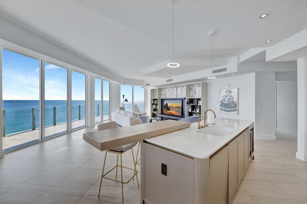 Fireplace, Interior, Kitchen, Pendant Lights, Recessed Lighting, Water