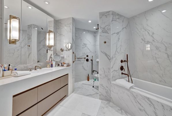 Bathroom, Dual Sink Vanities, Glass Shower, Interior, Marble, Marble Walls, Recessed Lighting