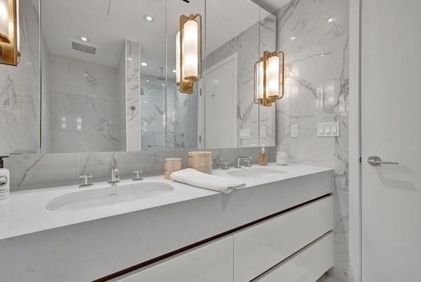 Bathroom, Dual Sink Vanities, Glass Shower, Interior, Marble Walls, Recessed Lighting