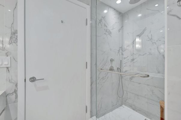 Bathroom, Glass Shower, Interior, Marble, Marble Walls, Recessed Lighting