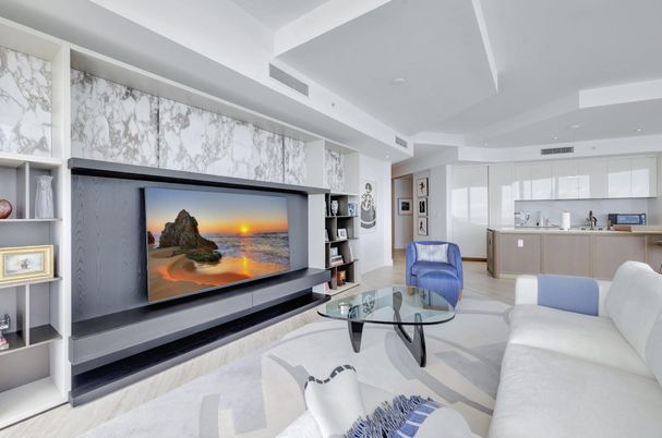 Interior, Living room, Marble Walls, Recessed Lighting, Wood Texture Flooring