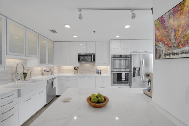 Interior, Kitchen, Marble, Recessed Lighting, Stainless Steel Appliances