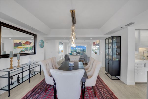 Dining room, Interior, Pendant Lights, Recessed Lighting, Wood Texture Flooring