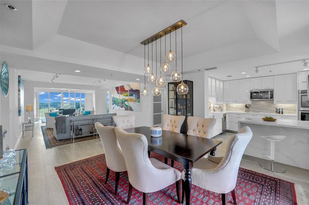Dining room, Interior, Kitchen, Living room, Pendant Lights, Recessed Lighting, Stainless Steel Appliances, Wood Texture Flooring