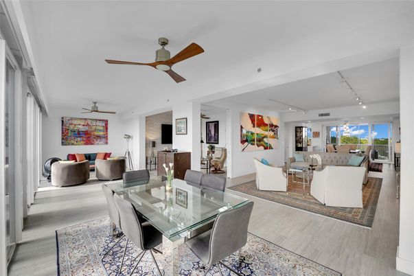 Dining room, Interior, Living room, Recessed Lighting, Wood Texture Flooring