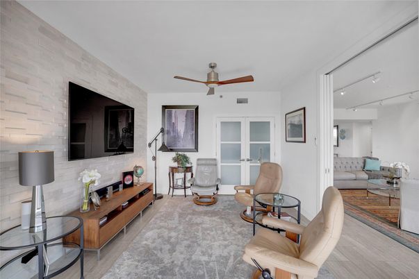 Interior, Living room, Recessed Lighting, Stone Walls, Wood Texture Flooring